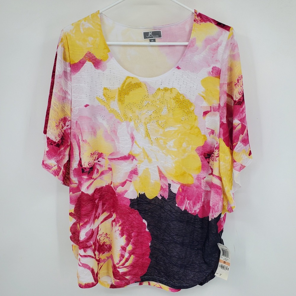 New JM Collection Pink Yellow Batwing Sleeve Boho Dressy Casual Shirt Top 2X